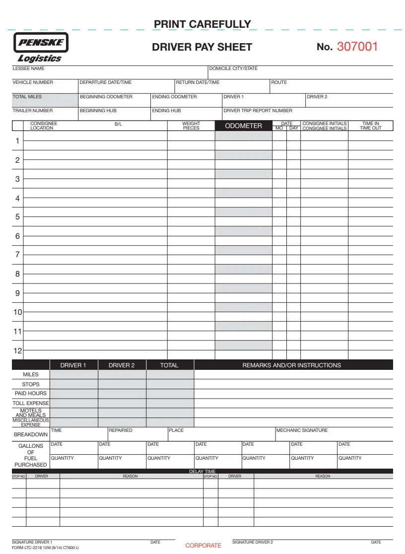 Driver pay sheet — fleet operations