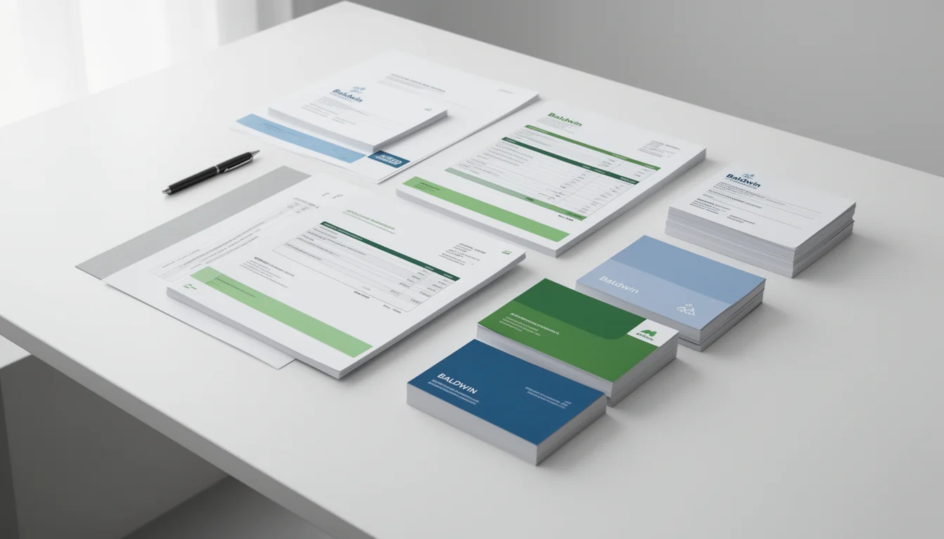Professional workspace displaying Baldwin Business Systems printed materials including invoices, forms, and business cards in green and blue colors organized on white desk